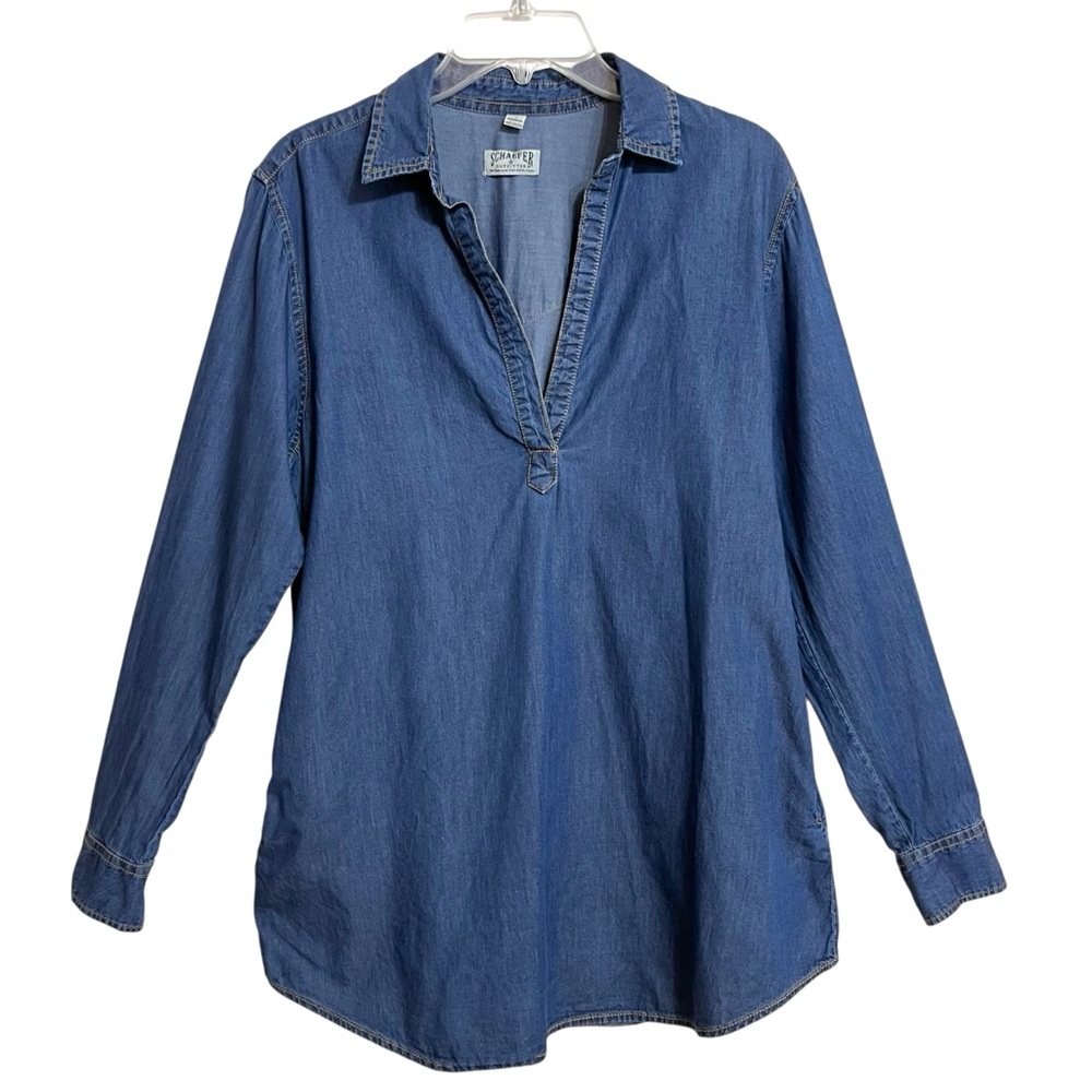 Schaefer Outfitters Western Chambray Pearl Snap Tunic Top Womens S Blue Cowgirl